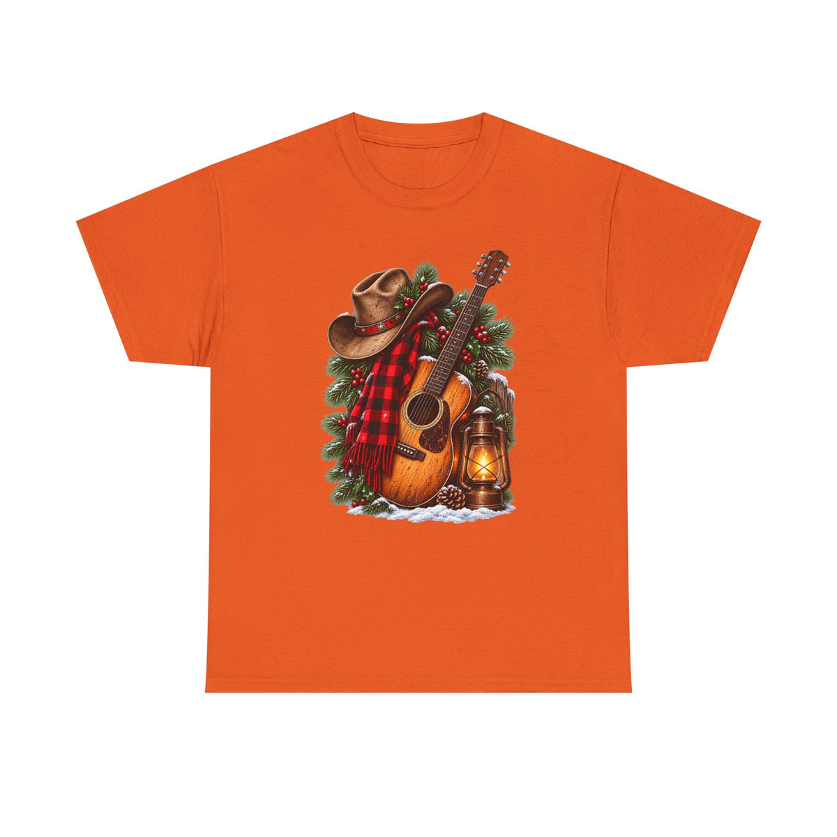 Country Christmas Guitar T‑Shirt — Cowboy Hat, Plaid & Lantern Holiday Tee