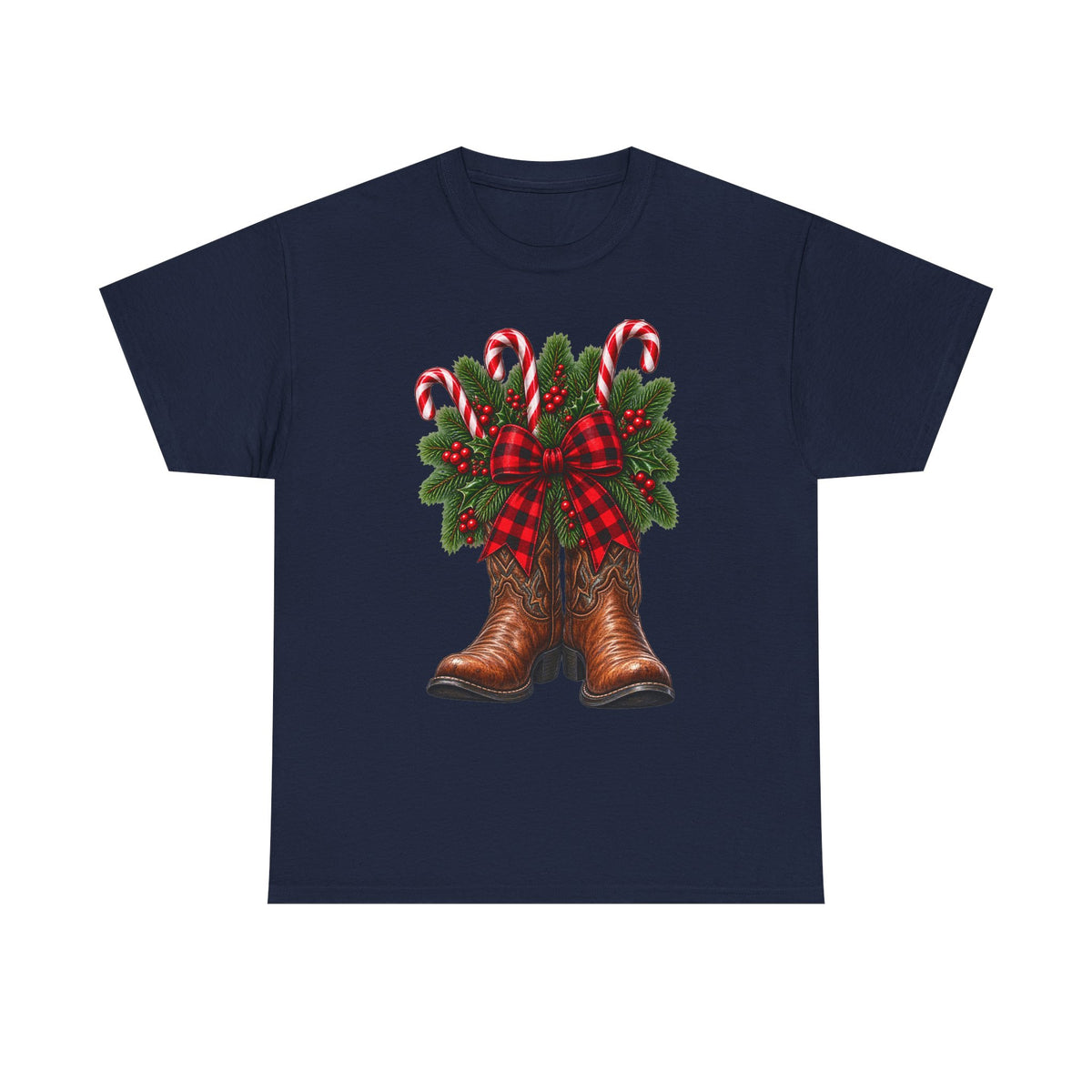 Cowboy Boots Christmas Tee — Holiday Cowboy Boots with Candy Canes & Wreath