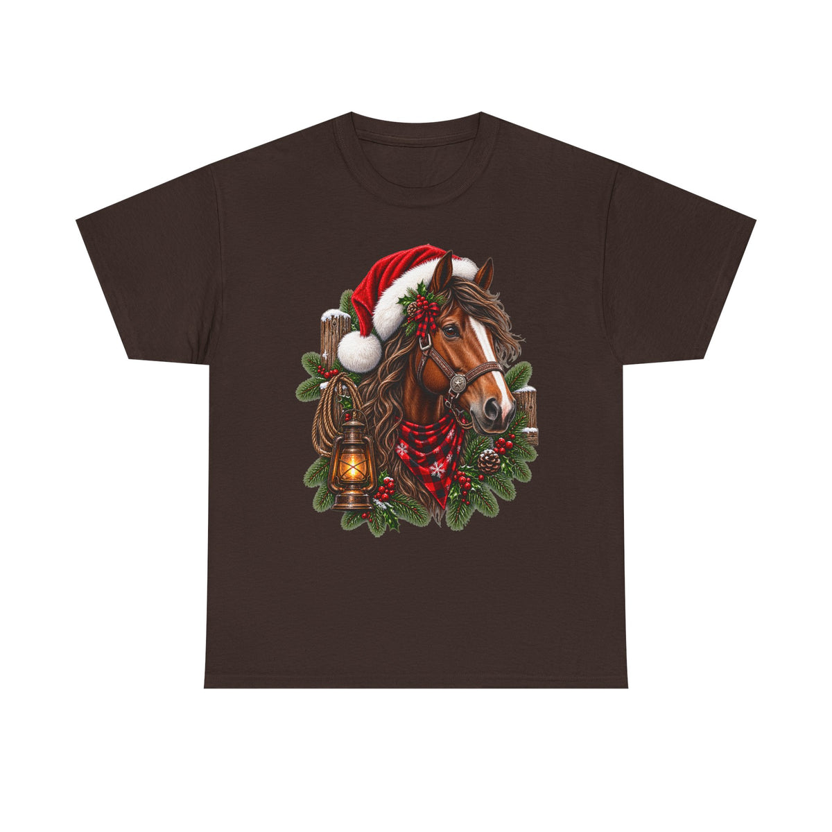 Christmas Horse T-Shirt — Holiday Santa Hat & Lantern Equestrian Tee