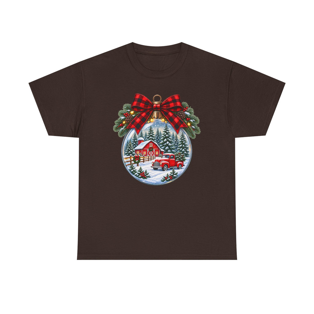 Christmas Ornament Scene T-Shirt — Vintage Red Truck & Snowy Cabin Holiday Tee