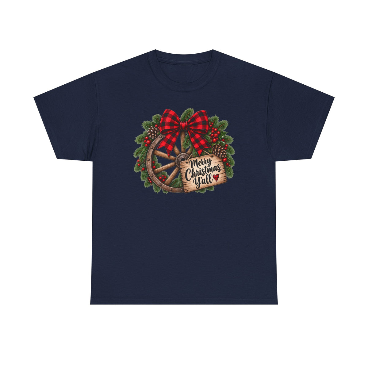 Christmas Wagon Wheel Tee — “Merry Christmas Y’all” Plaid Wreath Holiday Shirt