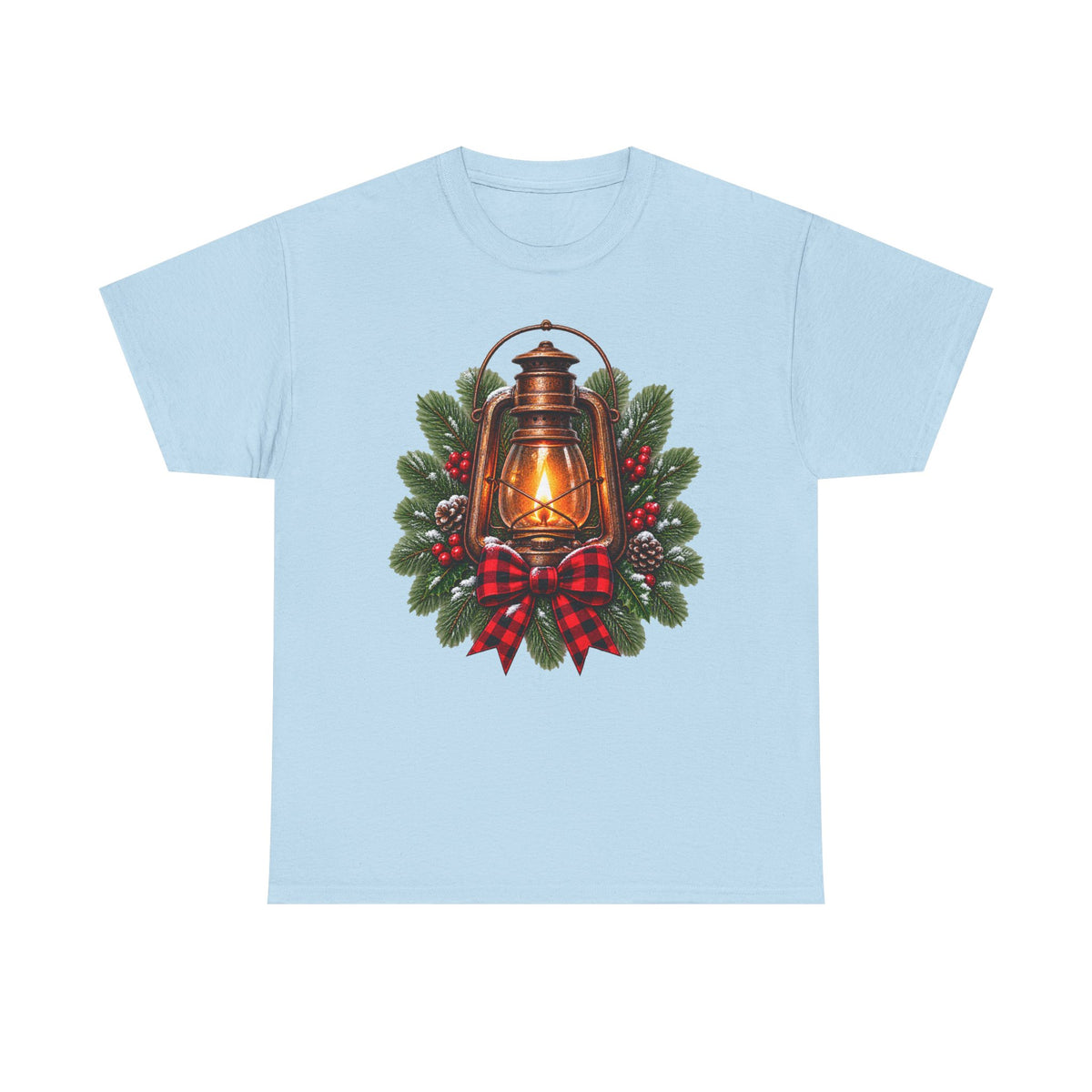 Lantern & Pine Wreath Tee — Rustic Christmas Holiday T-Shirt