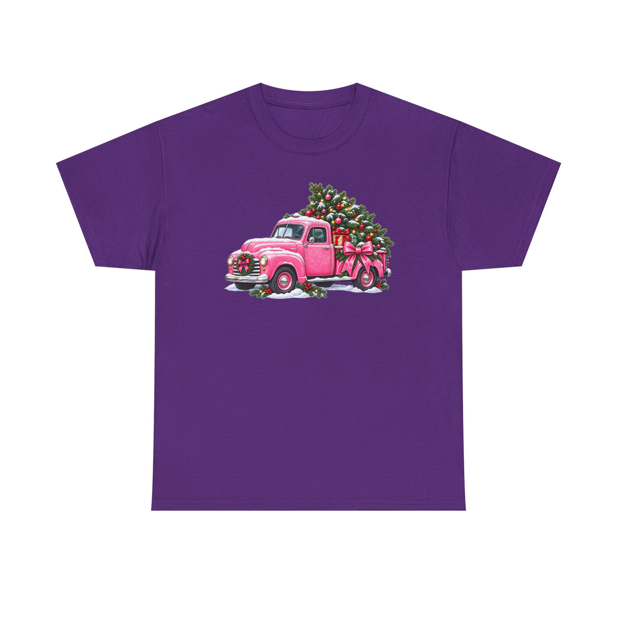 Vintage Pink Truck Christmas Tee — Retro Holiday Tree Shirt