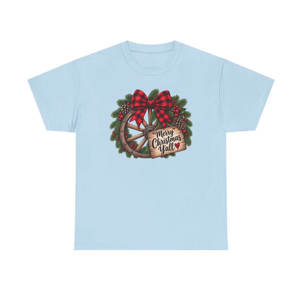 Christmas Wagon Wheel Tee — “Merry Christmas Y’all” Plaid Wreath Holiday Shirt