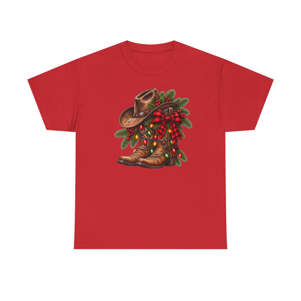 Western Christmas Tee — Cowboy Boot & Hat Holiday Design