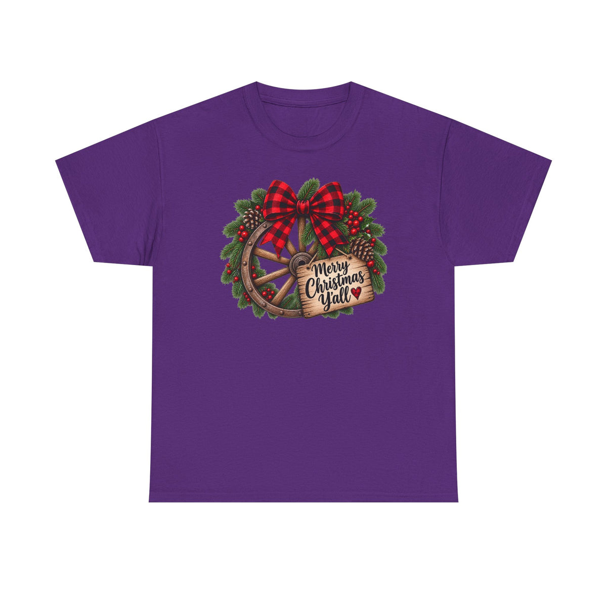 Christmas Wagon Wheel Tee — “Merry Christmas Y’all” Plaid Wreath Holiday Shirt