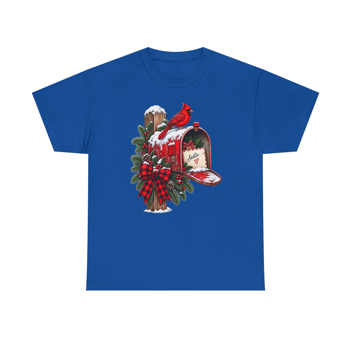 Christmas Cardinal Mailbox T-Shirt — Holiday Wreath & Red Cardinal Tee