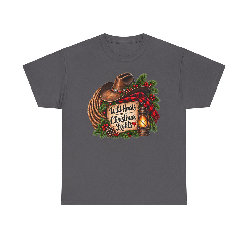 Christmas Lights Cowboy T-Shirt — "Wild Hearts & Christmas Lights" Festive Western Tee