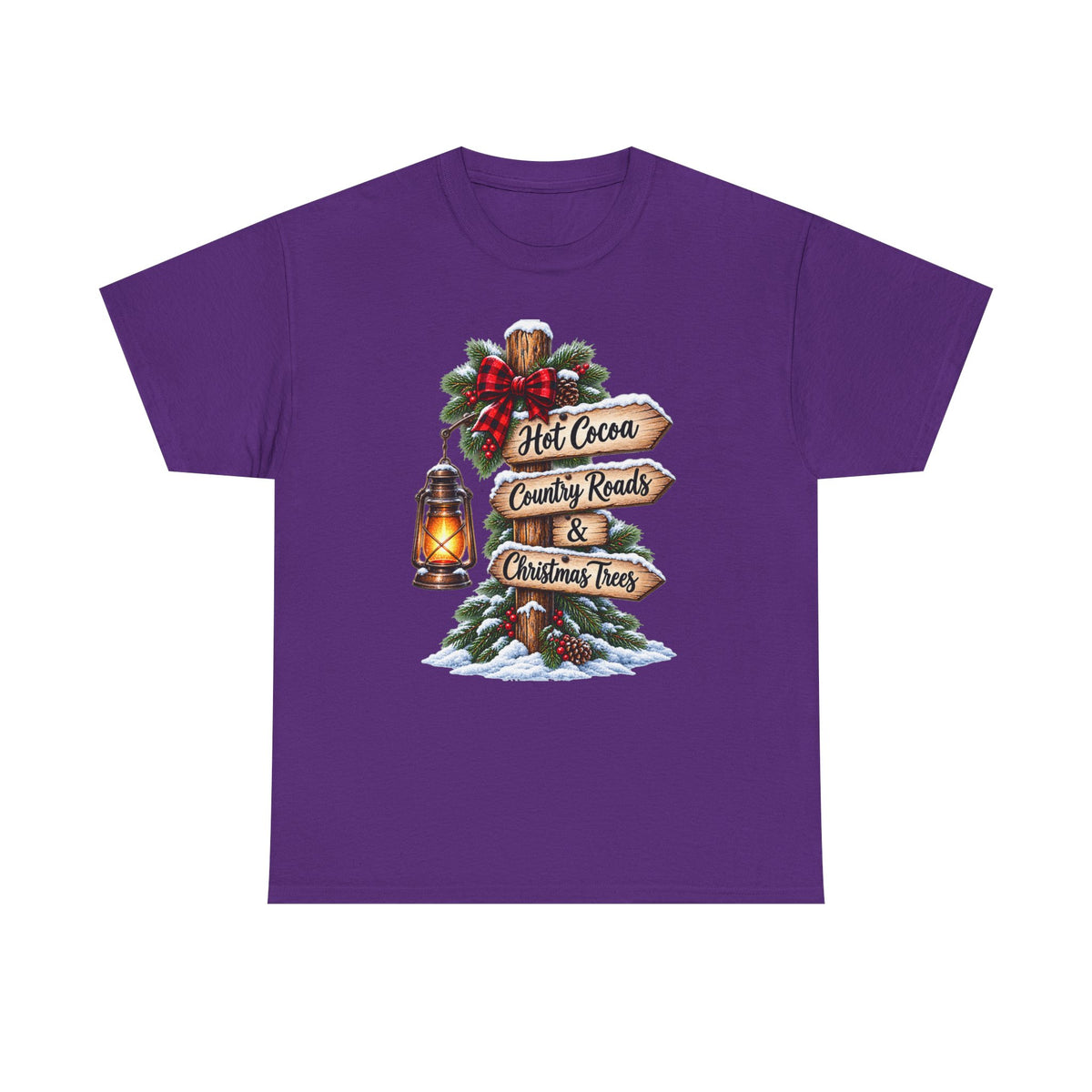 Christmas Signpost T-Shirt — “Hot Cocoa, Country Roads & Christmas Trees” Holiday Tee