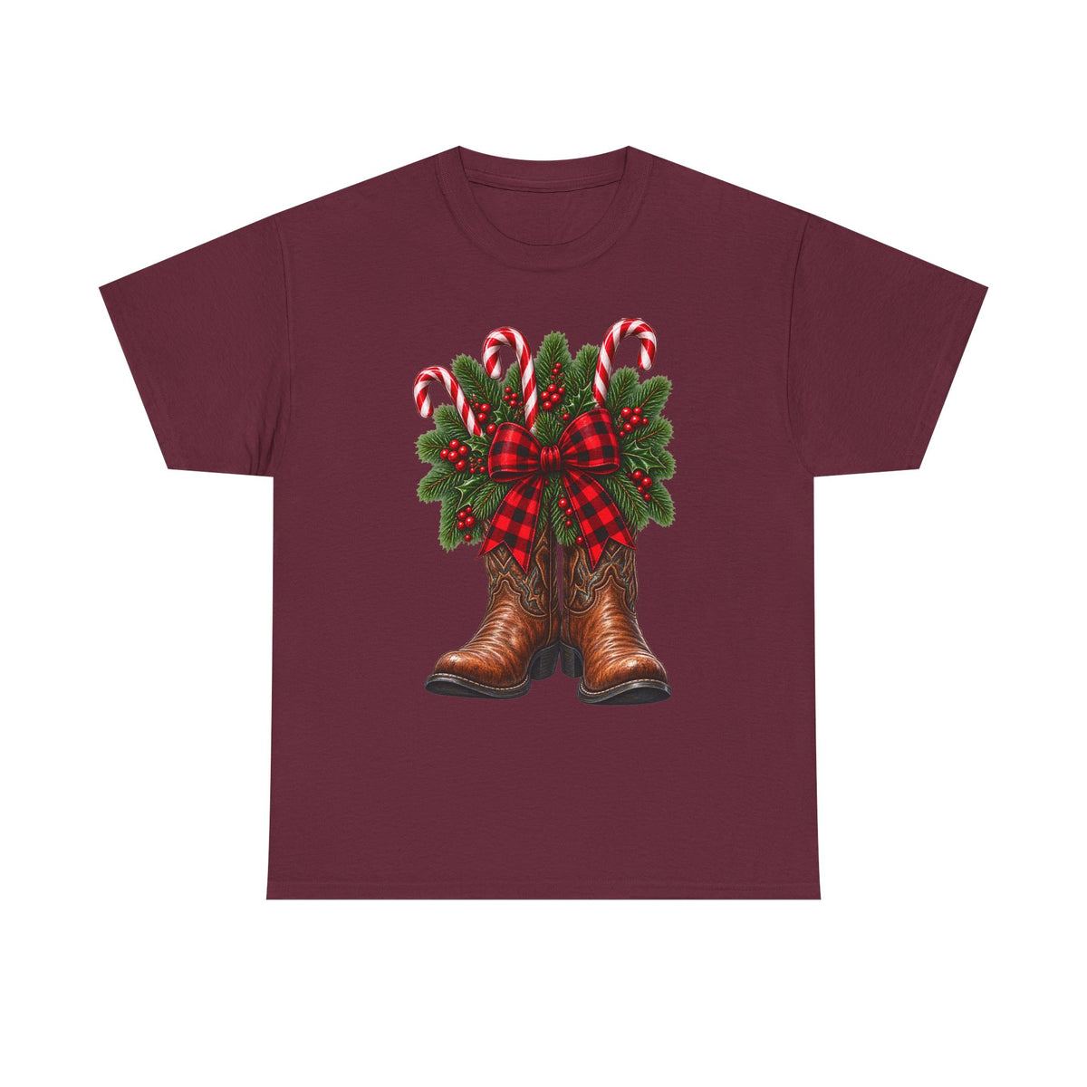Cowboy Boots Christmas Tee — Holiday Cowboy Boots with Candy Canes & Wreath