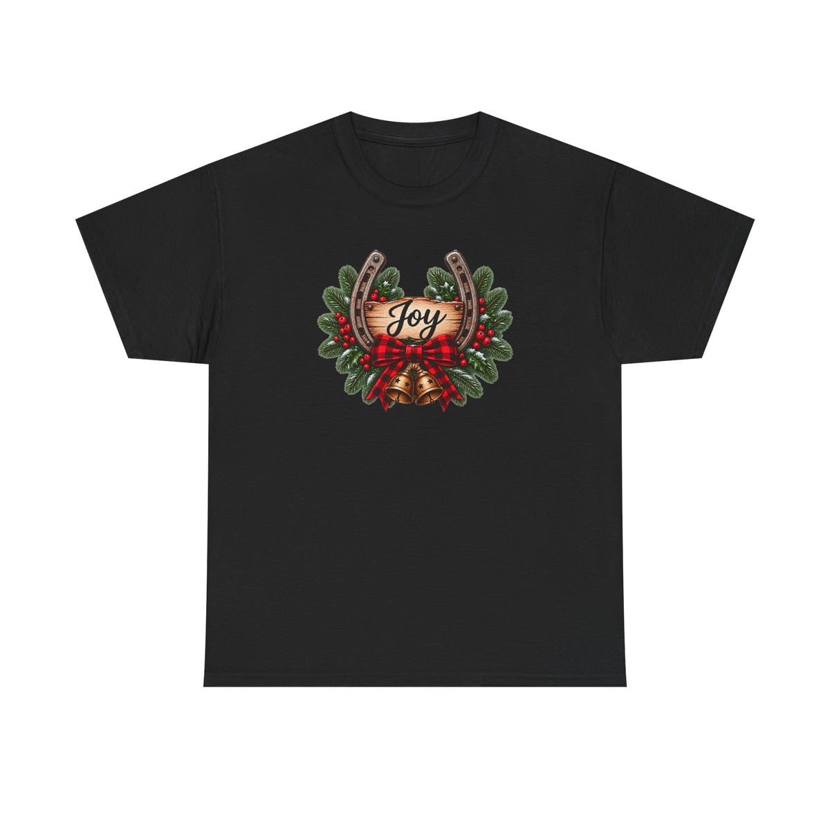 Joy Horseshoe Tee — Rustic Christmas Horseshoe & Wreath Holiday Shirt