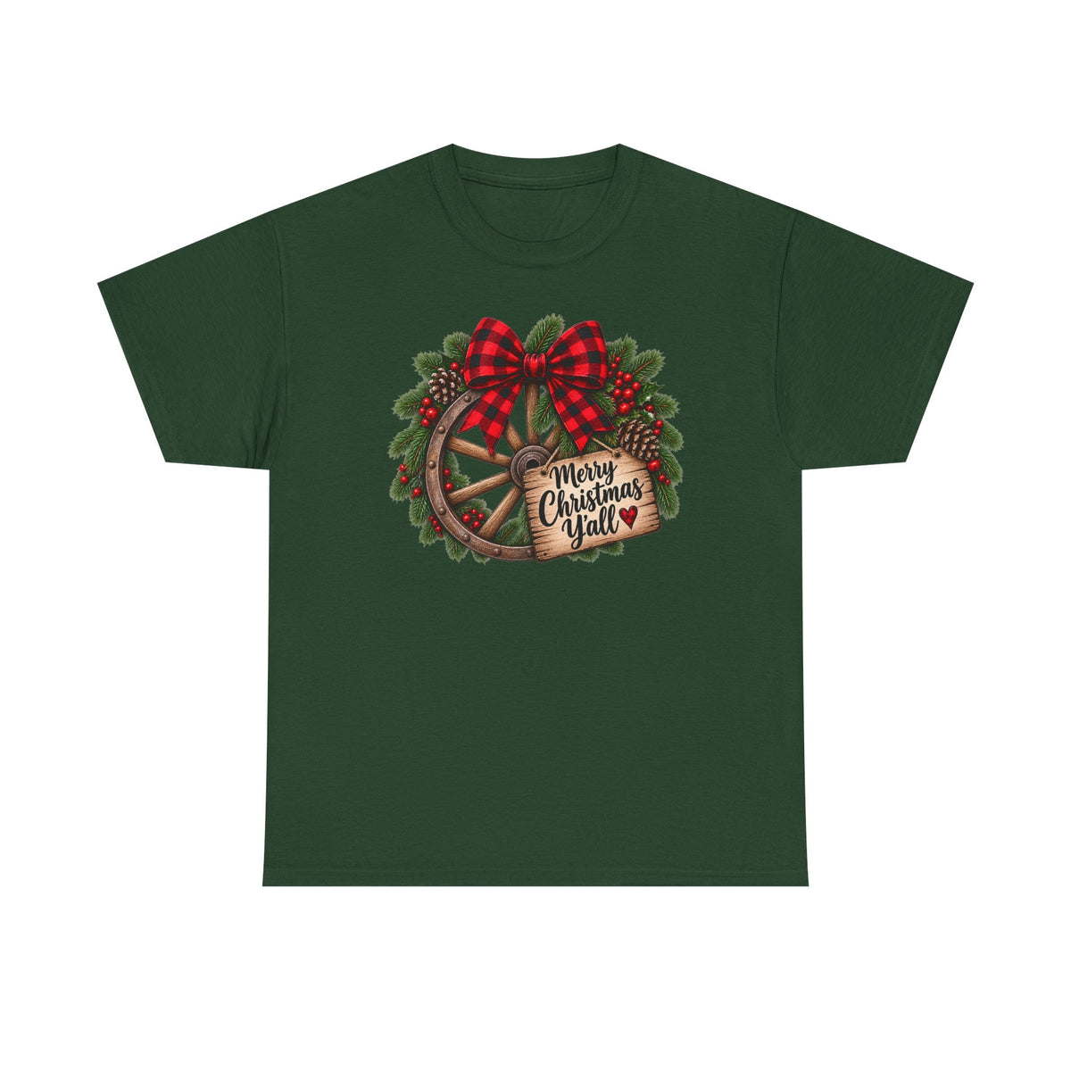 Christmas Wagon Wheel Tee — “Merry Christmas Y’all” Plaid Wreath Holiday Shirt