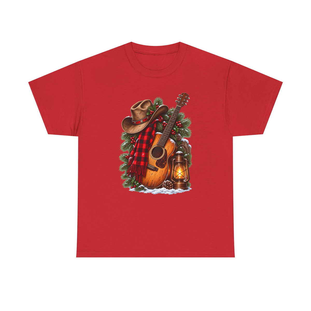 Country Christmas Guitar T‑Shirt — Cowboy Hat, Plaid & Lantern Holiday Tee