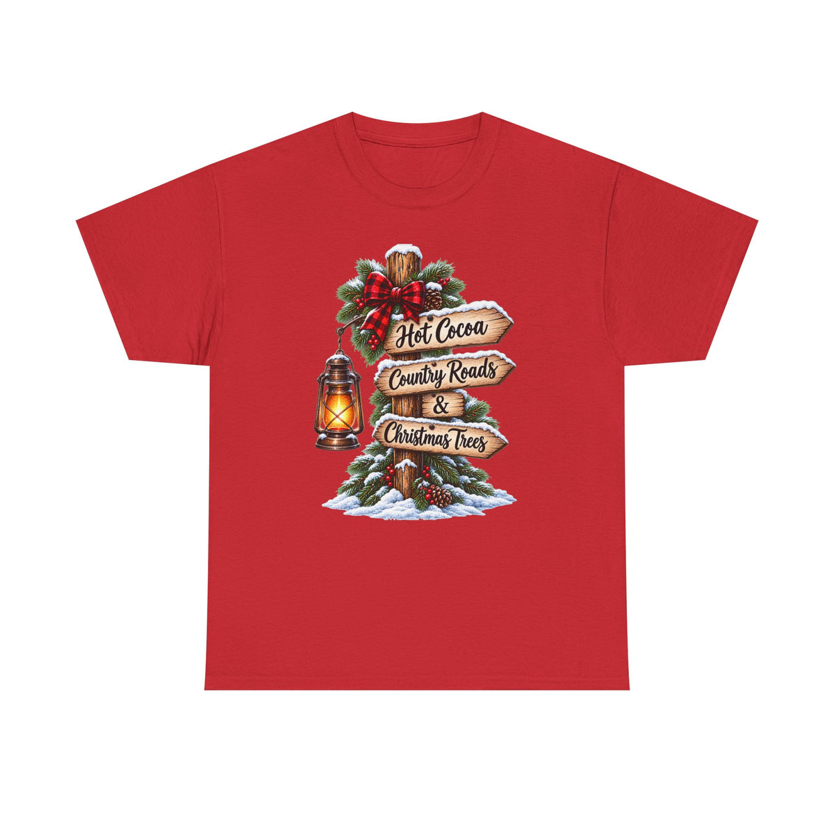 Christmas Signpost T-Shirt — “Hot Cocoa, Country Roads & Christmas Trees” Holiday Tee