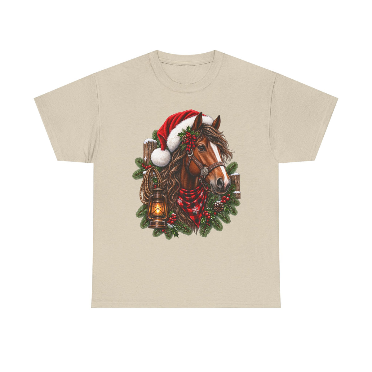 Christmas Horse T-Shirt — Holiday Santa Hat & Lantern Equestrian Tee