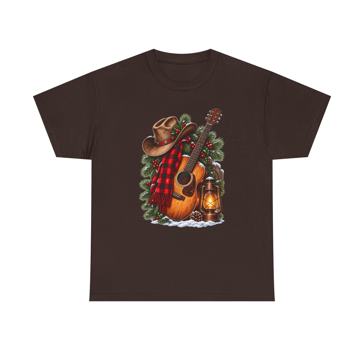 Country Christmas Guitar T‑Shirt — Cowboy Hat, Plaid & Lantern Holiday Tee
