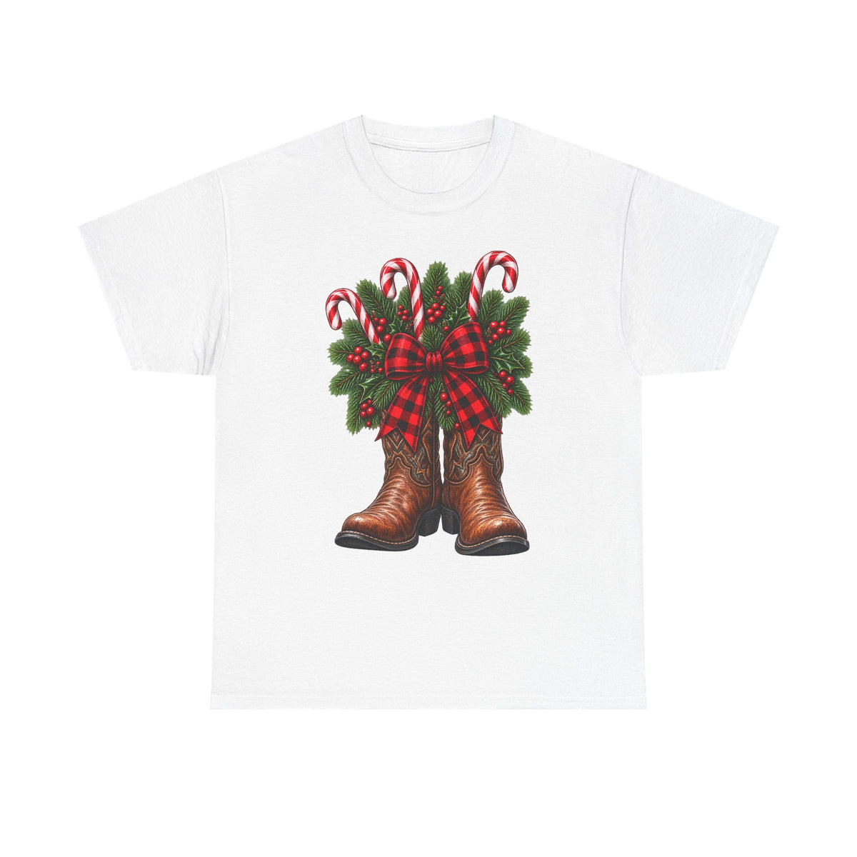 Cowboy Boots Christmas Tee — Holiday Cowboy Boots with Candy Canes & Wreath