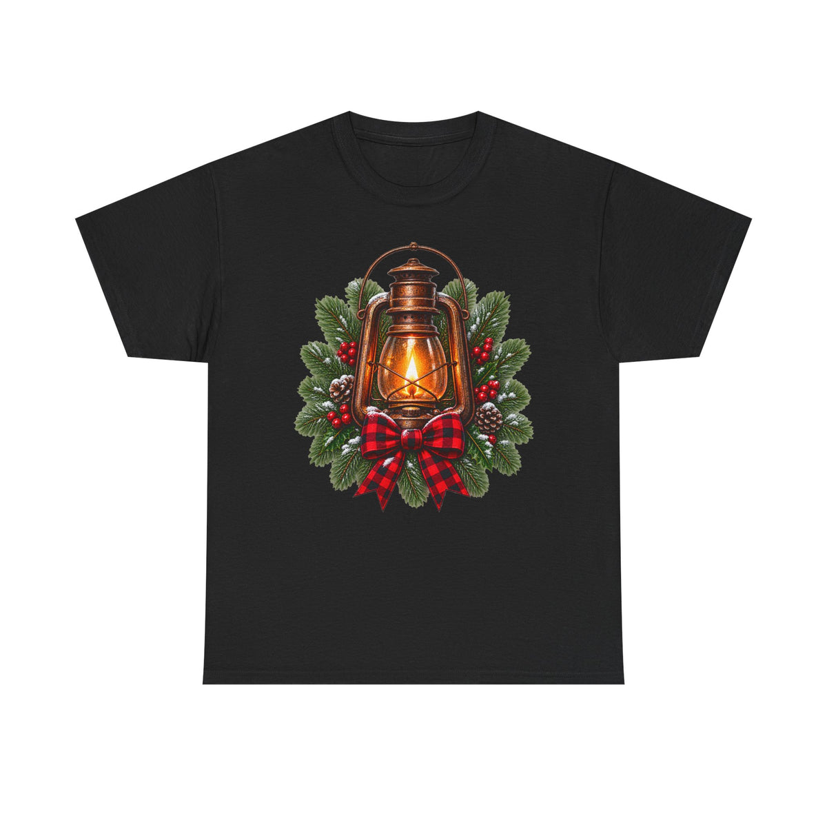 Lantern & Pine Wreath Tee — Rustic Christmas Holiday T-Shirt