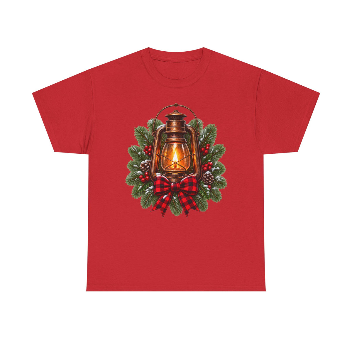 Lantern & Pine Wreath Tee — Rustic Christmas Holiday T-Shirt