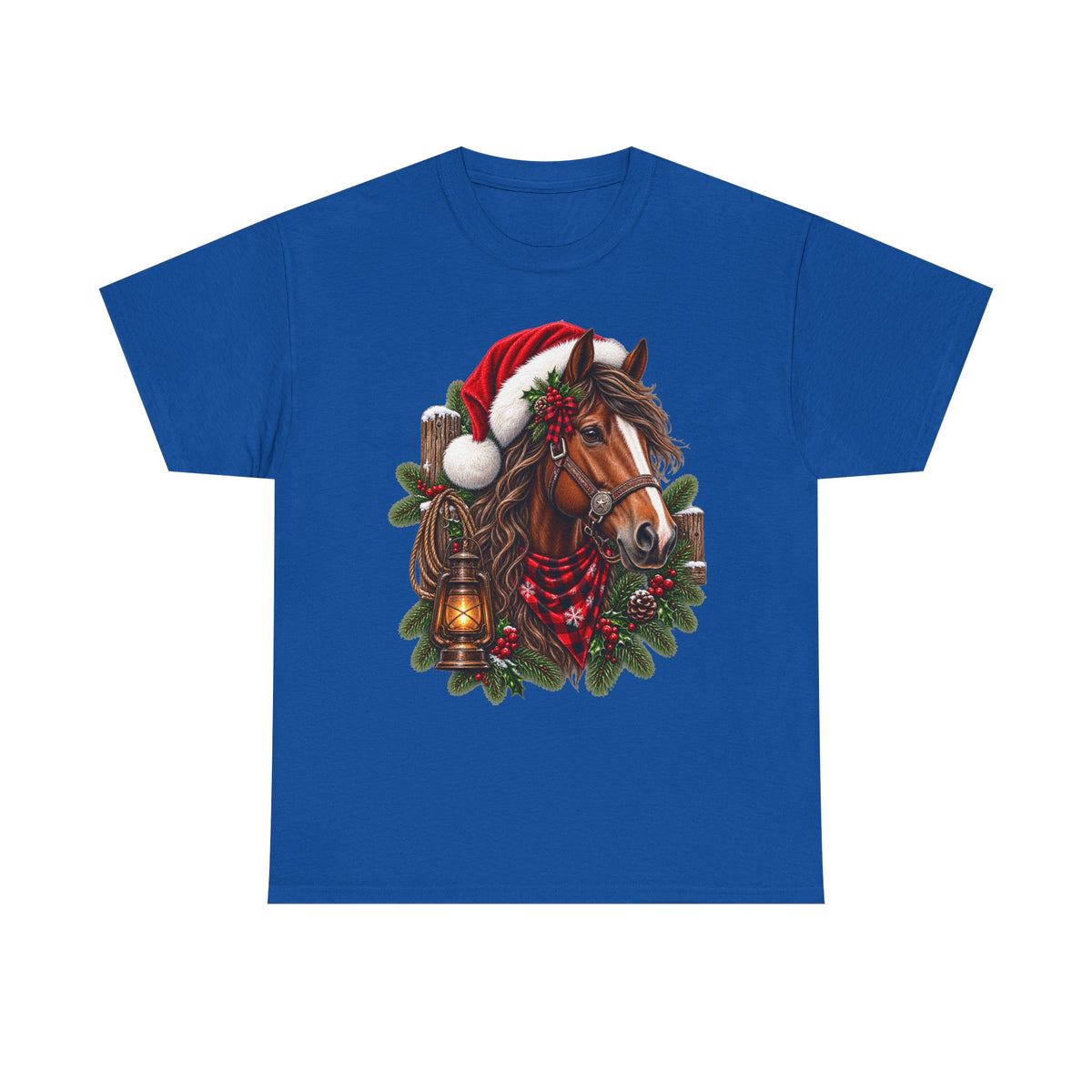 Christmas Horse T-Shirt — Holiday Santa Hat & Lantern Equestrian Tee