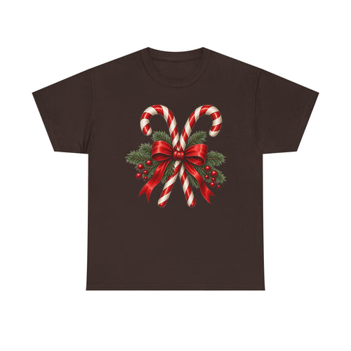 Christmas T-shirt, featuring Cross, candy canes, with a bow and greenery
