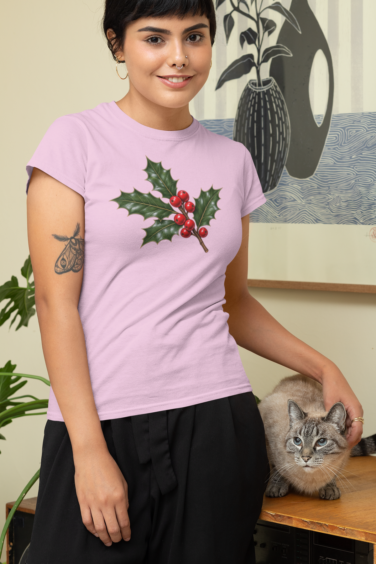 Christmas T-shirt, featuring a simple sprig of Holly with red berries