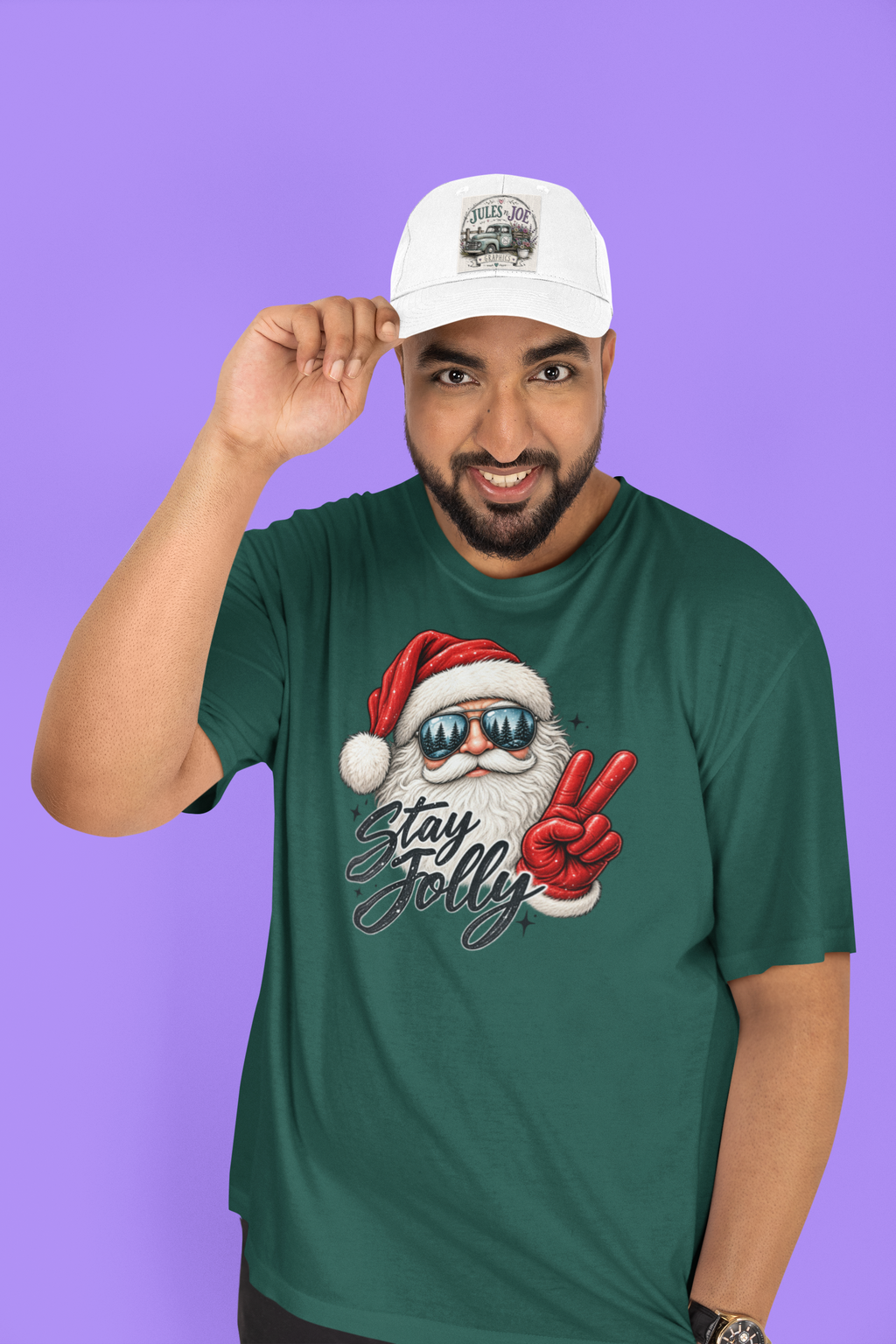 Stay Jolly Christmas T-shirt, featuring Santa Claus and sunglasses, giving a peace sign