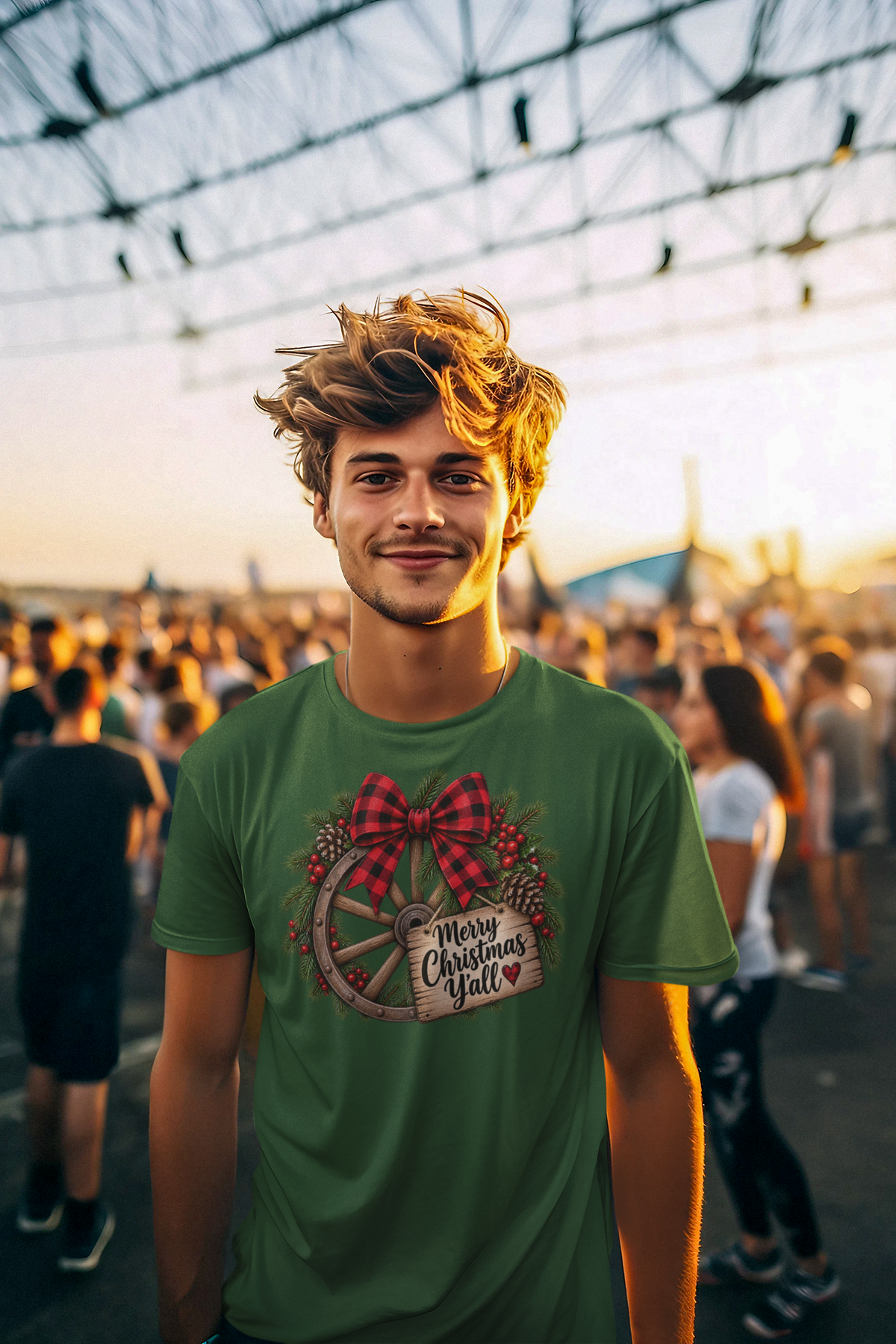 Christmas Wagon Wheel Tee — “Merry Christmas Y’all” Plaid Wreath Holiday Shirt