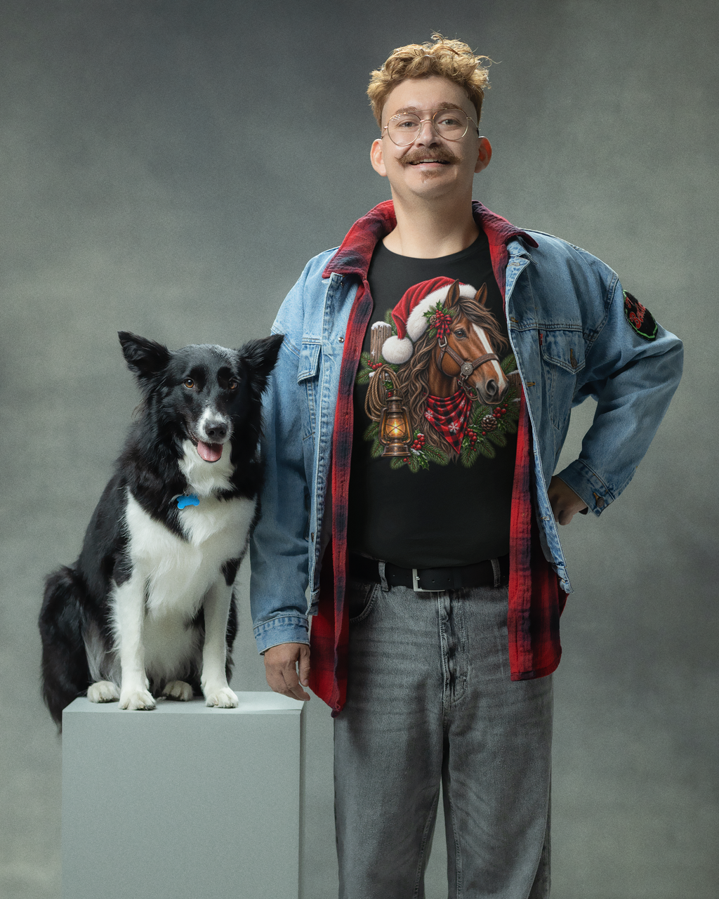 Christmas Horse T-Shirt — Holiday Santa Hat & Lantern Equestrian Tee