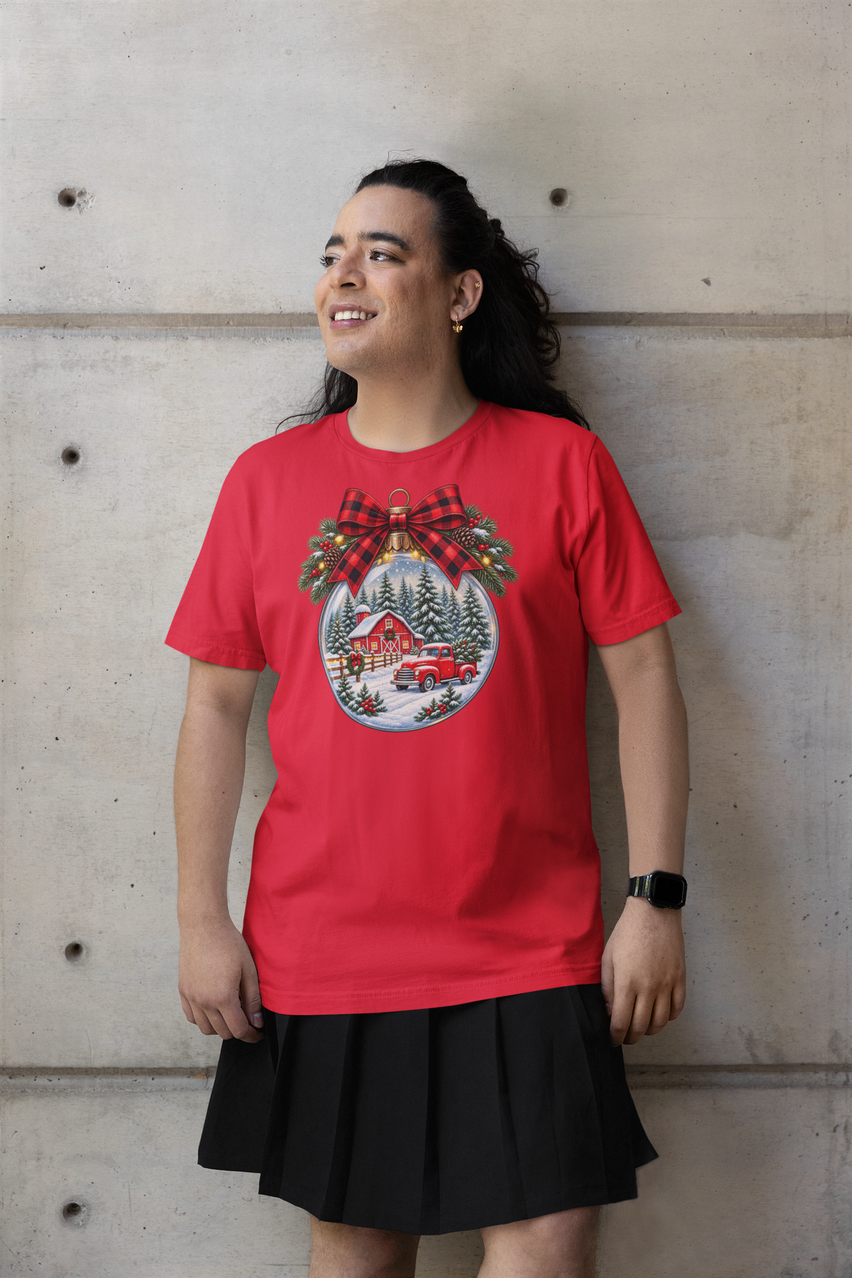 Christmas Ornament Scene T-Shirt — Vintage Red Truck & Snowy Cabin Holiday Tee