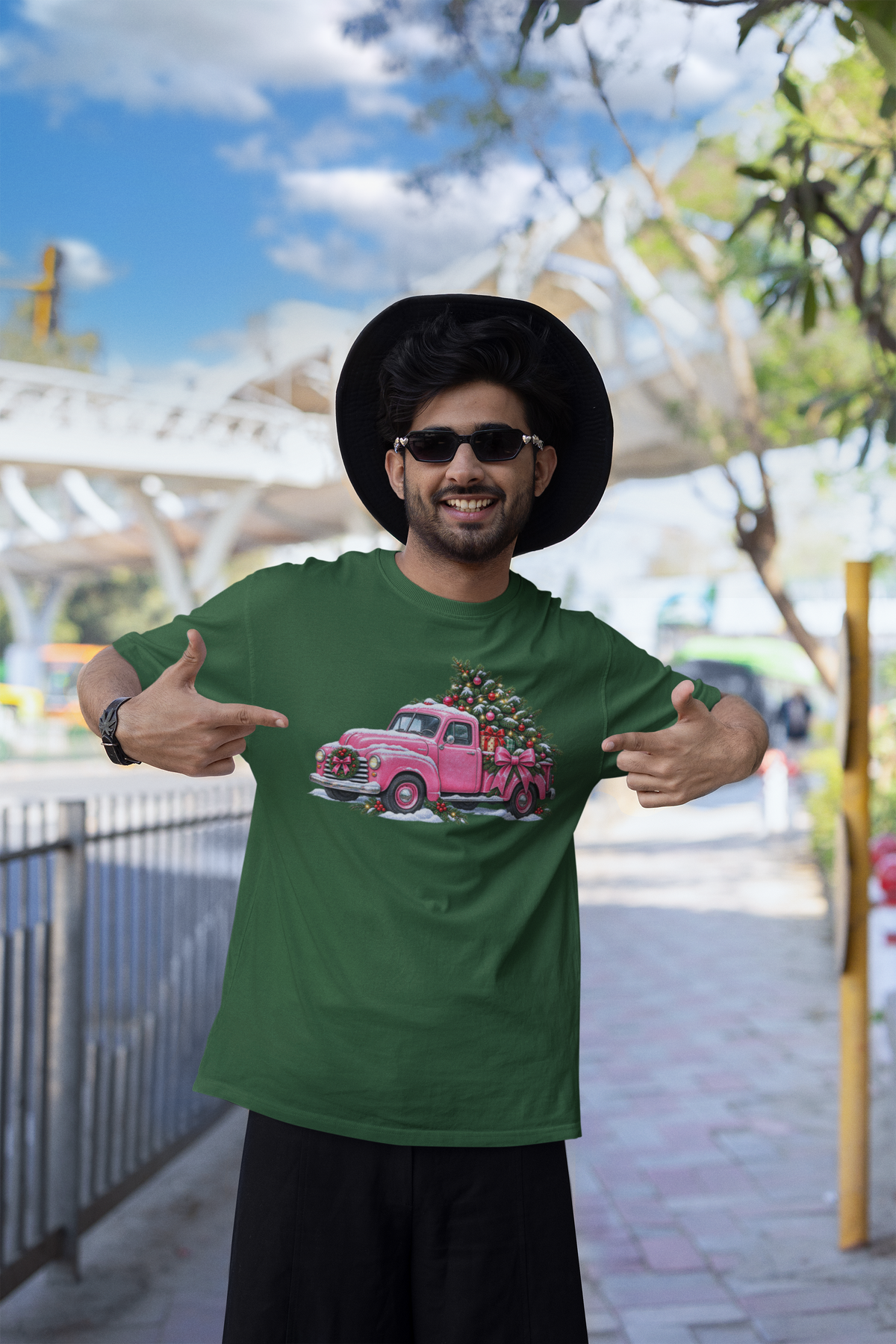 Vintage Pink Truck Christmas Tee — Retro Holiday Tree Shirt