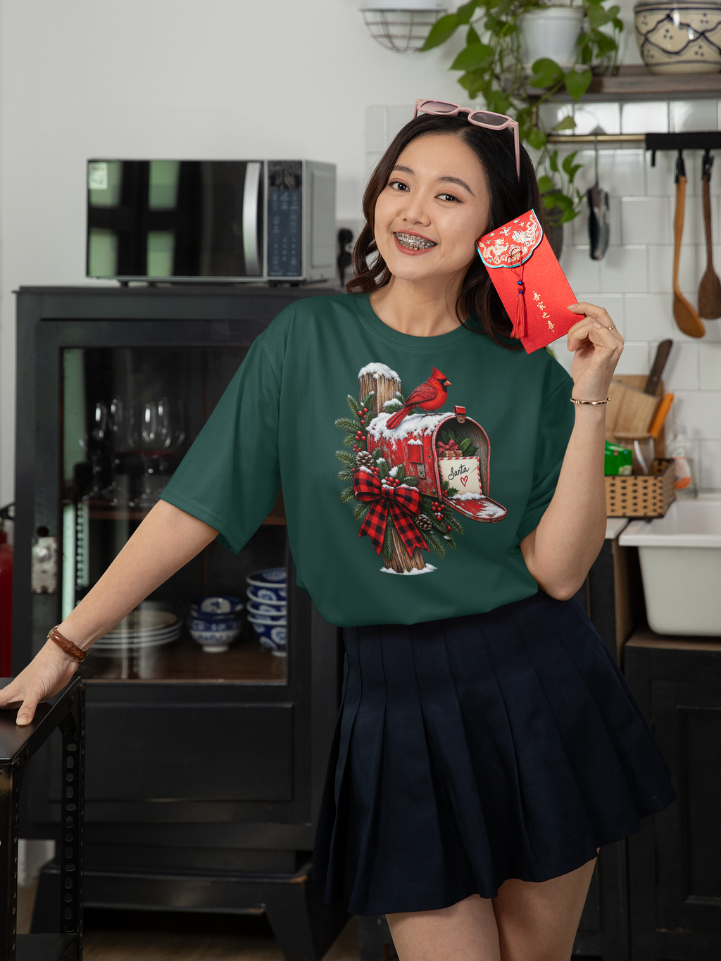 Christmas Cardinal Mailbox T-Shirt — Holiday Wreath & Red Cardinal Tee