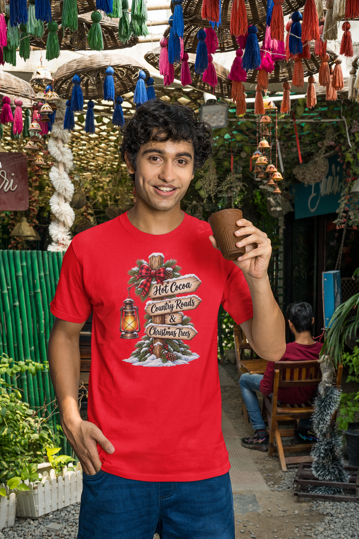 Christmas Signpost T-Shirt — “Hot Cocoa, Country Roads & Christmas Trees” Holiday Tee