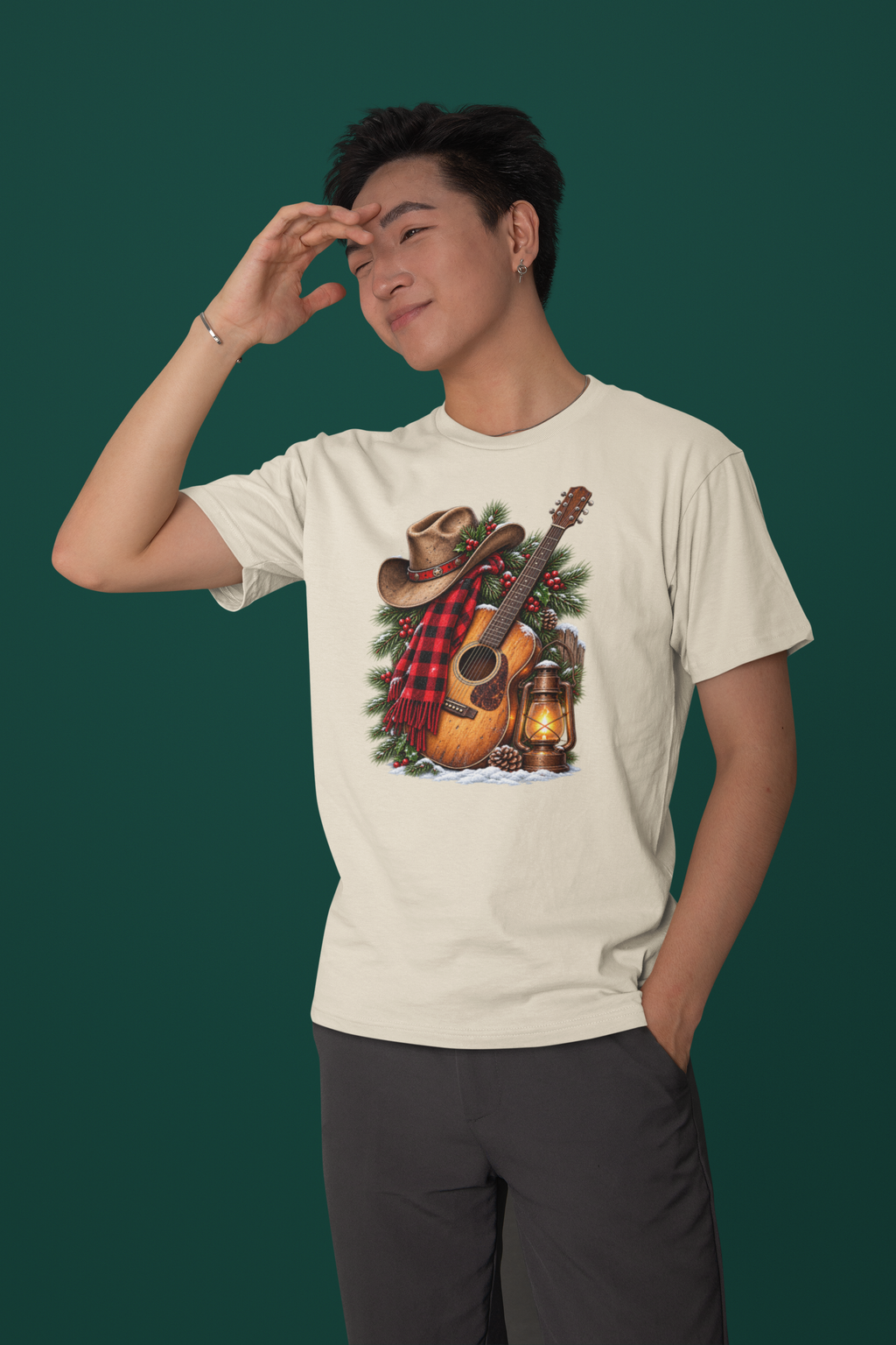 Country Christmas Guitar T‑Shirt — Cowboy Hat, Plaid & Lantern Holiday Tee