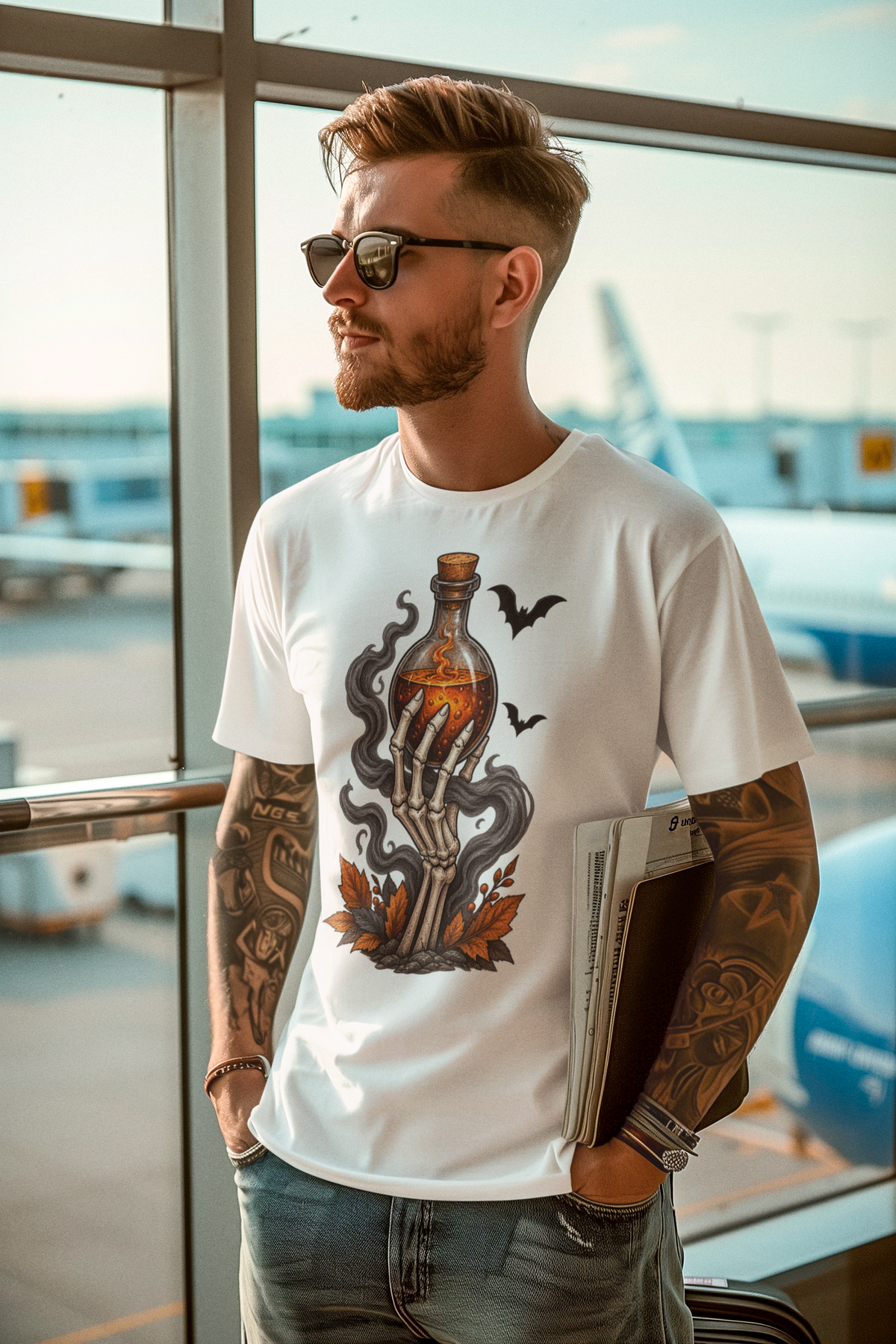 White Midnight Potion T-shirt, featuring a hand holding a potion bottle with eerie mist and flying bats.