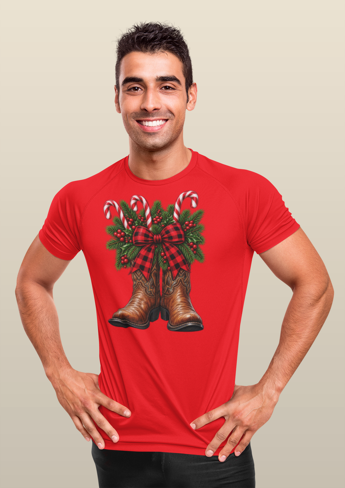 Cowboy Boots Christmas Tee — Holiday Cowboy Boots with Candy Canes & Wreath