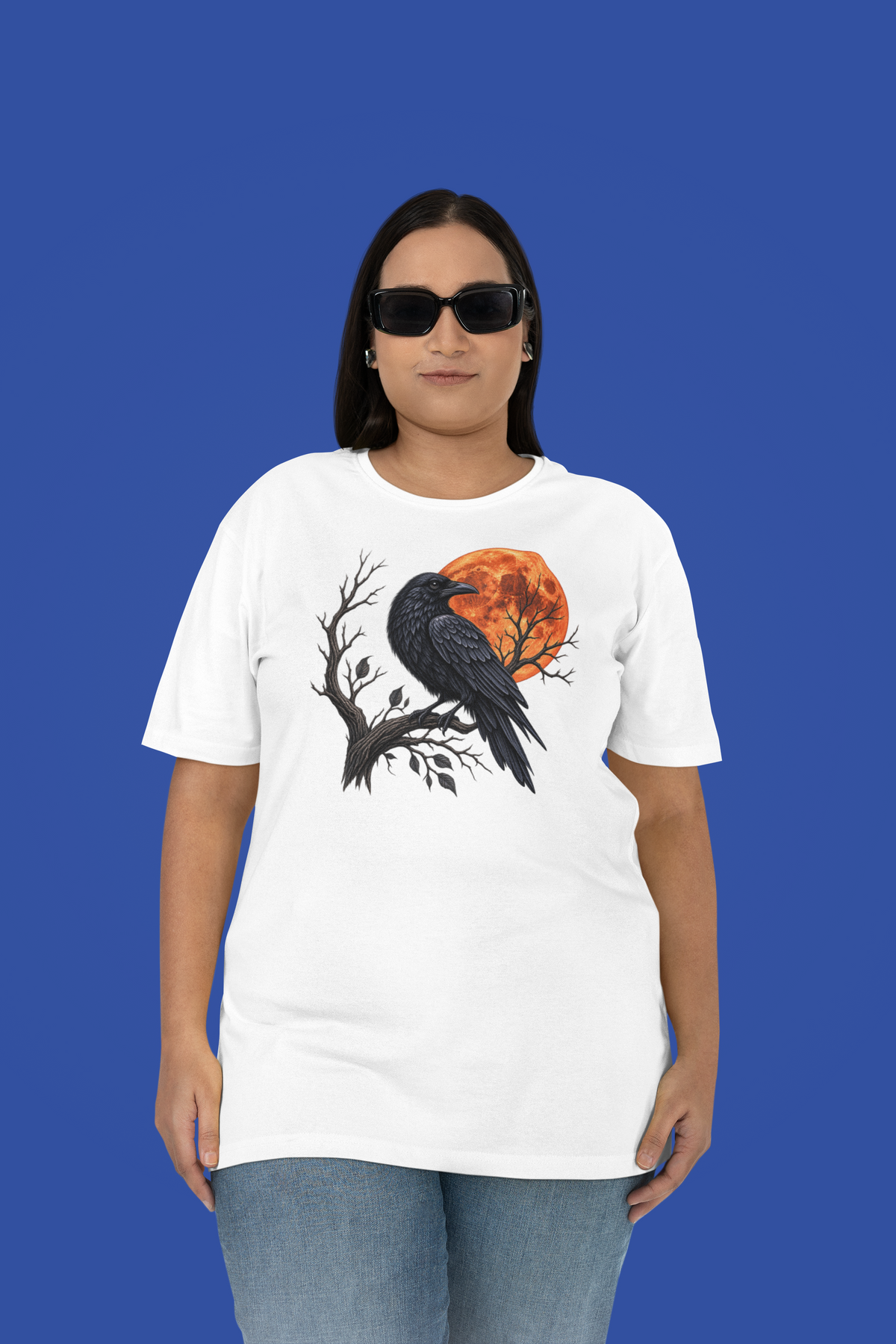 Halloween T-shirt, featuring a Raven perched on a branch beneath the moon