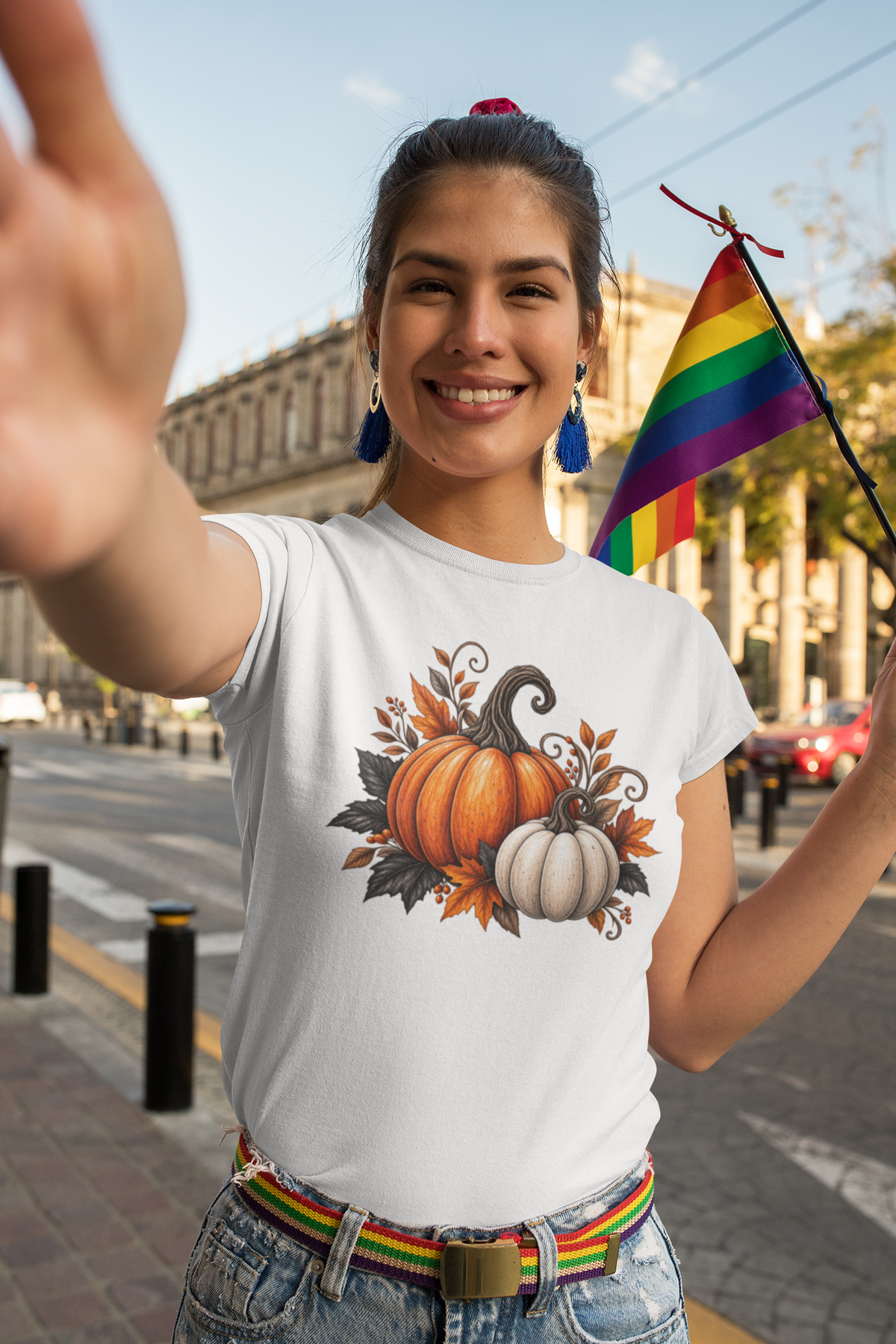 Halloween T-shirt, featuring one orange pumpkin, and one white pumpkin