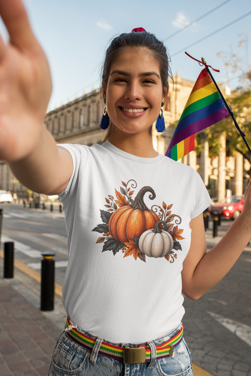 Halloween T-shirt, featuring one orange pumpkin, and one white pumpkin