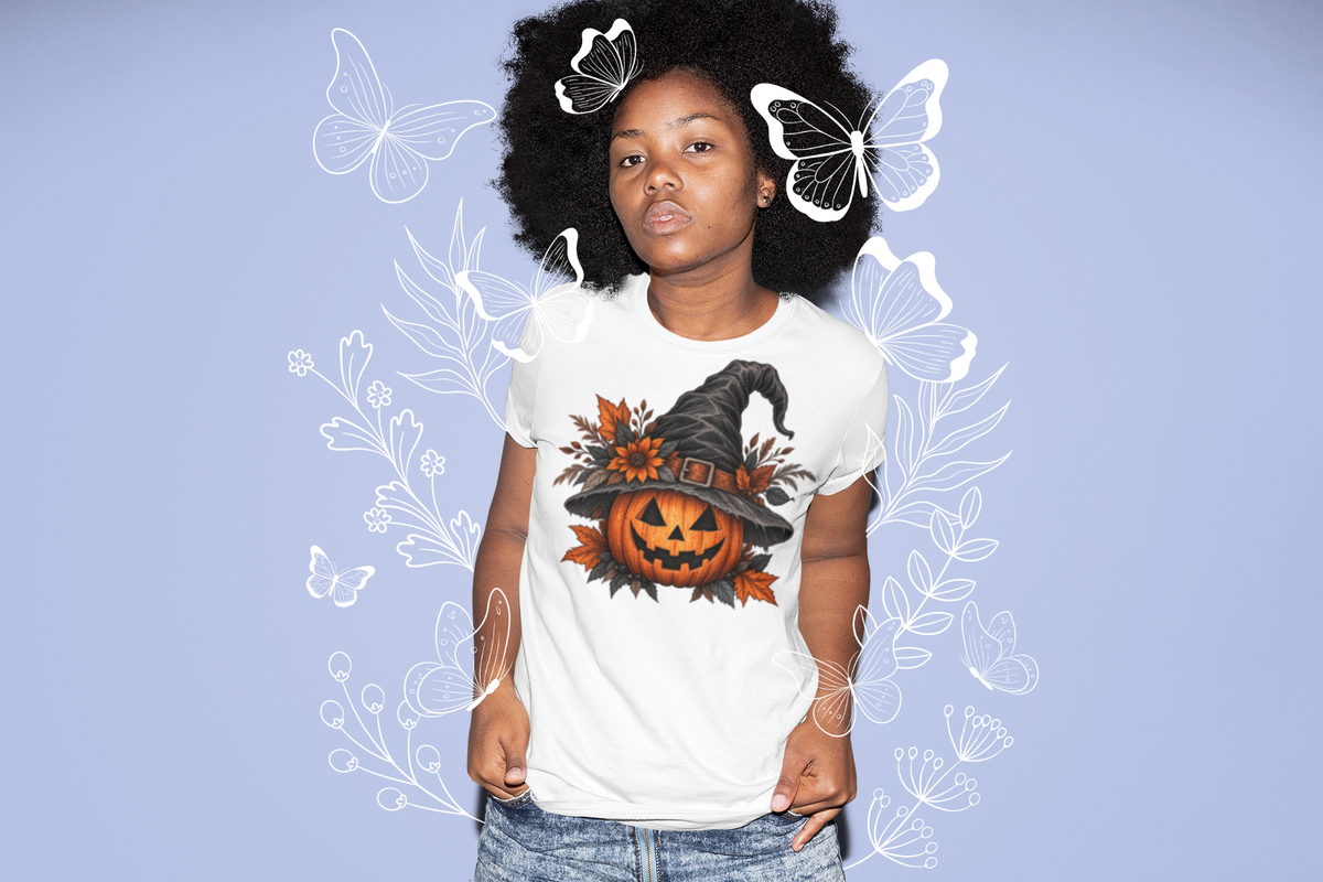 Halloween T-shirt featuring a jack-o'-lantern wearing a witch hat