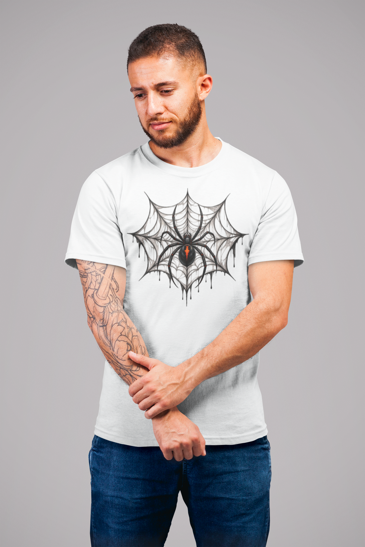 Halloween T-shirt, featuring a black widow spider on a detailed spiderweb