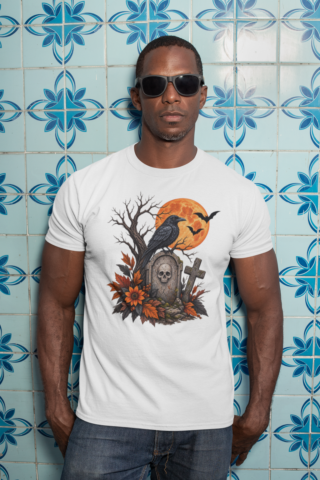 Halloween T-shirt featuring a Raven perched on a tombstone.
