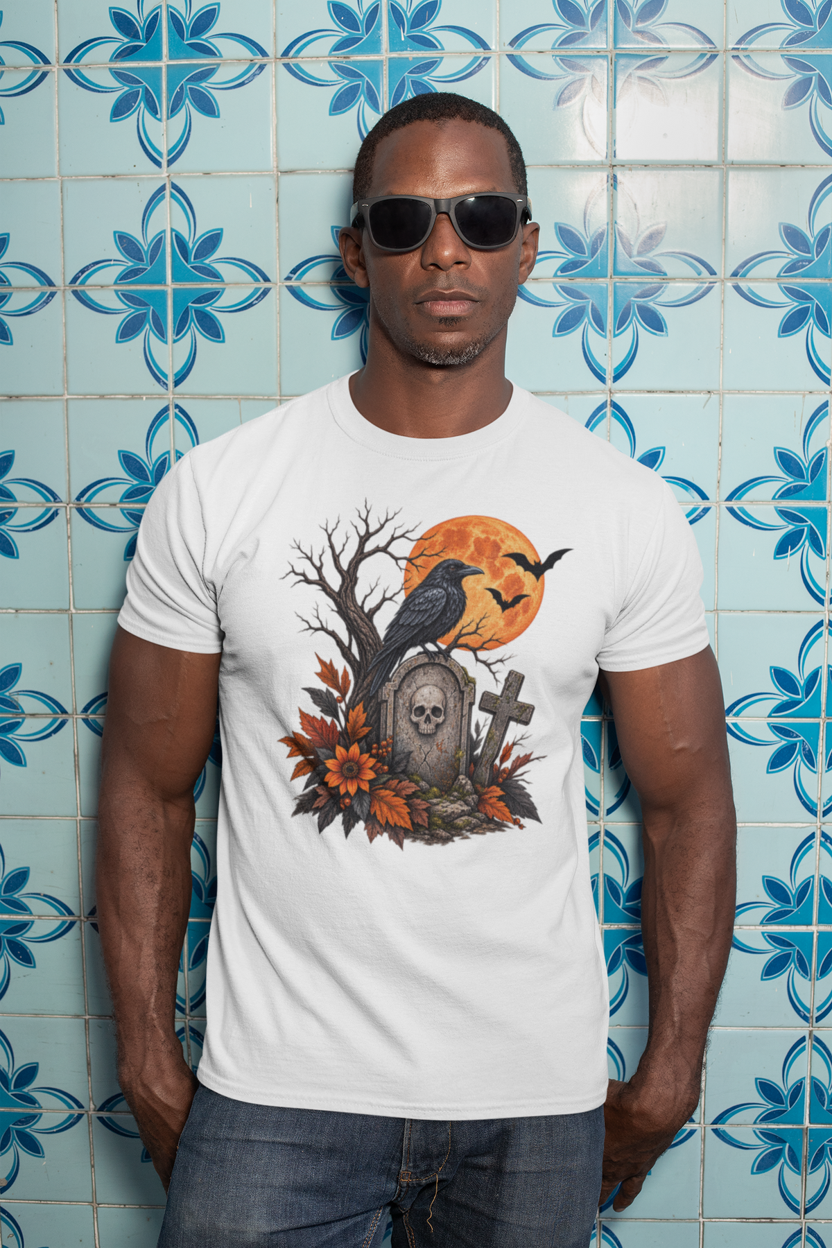 Halloween T-shirt featuring a Raven perched on a tombstone.