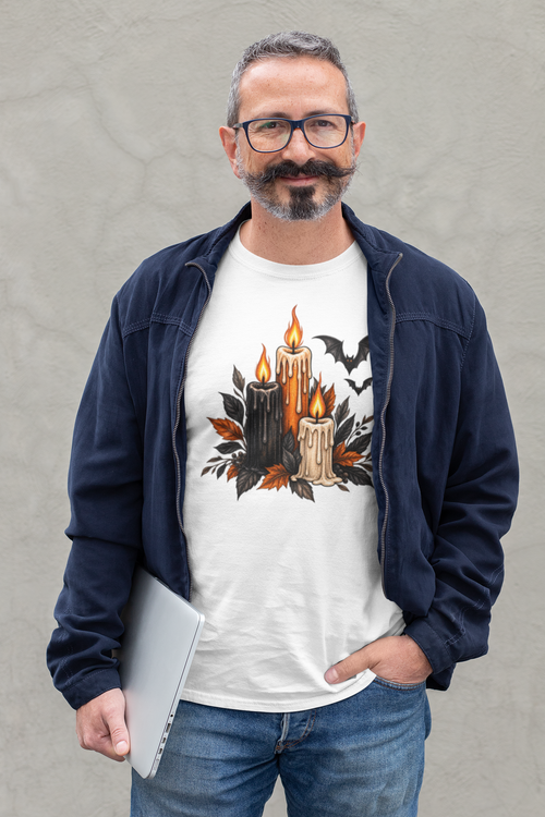 Halloween T-shirt, featuring three glowing candles, surrounded by flying bats