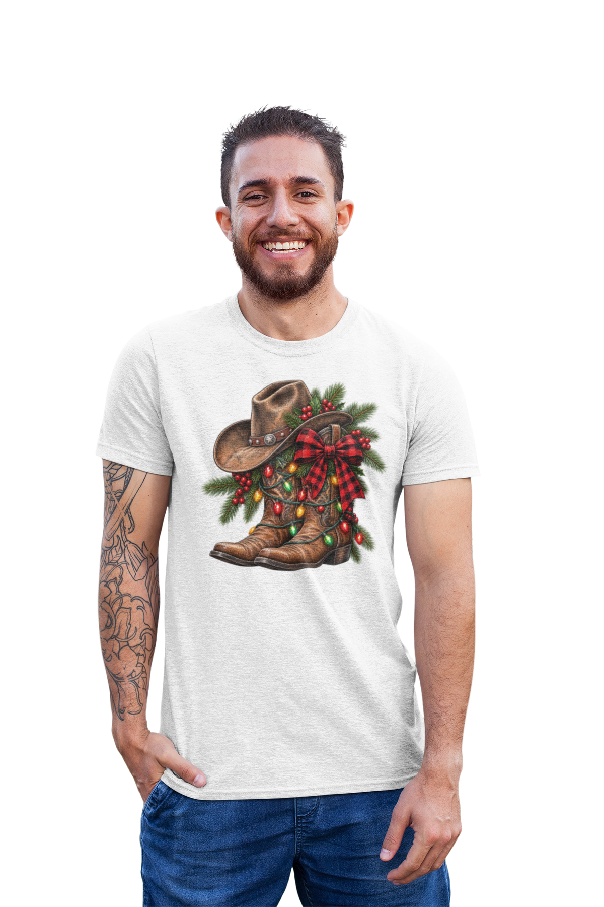 Western Christmas Tee — Cowboy Boot & Hat Holiday Design