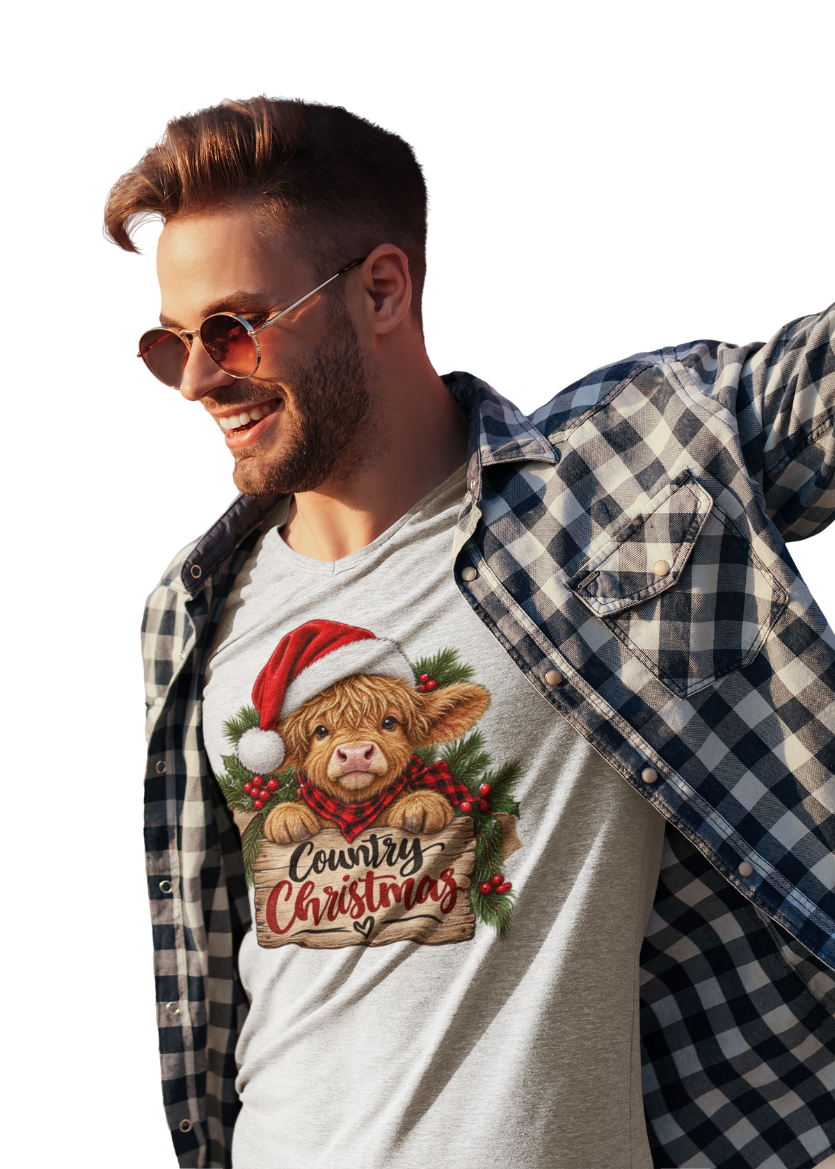 Country Christmas Cow T-Shirt — Cute Highland Calf Santa Holiday Tee